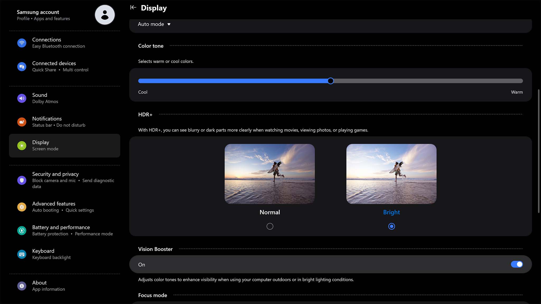 HDR settings within Windows 11 on Galaxy Book5 Pro 360 that shows the options to adjust images from cool to warm or adjust HDR+ from normal to bright.