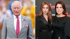 Composite of a picture of King Charles in 2025 and a picture of Princesses Eugenie and Beatrice together in 2023