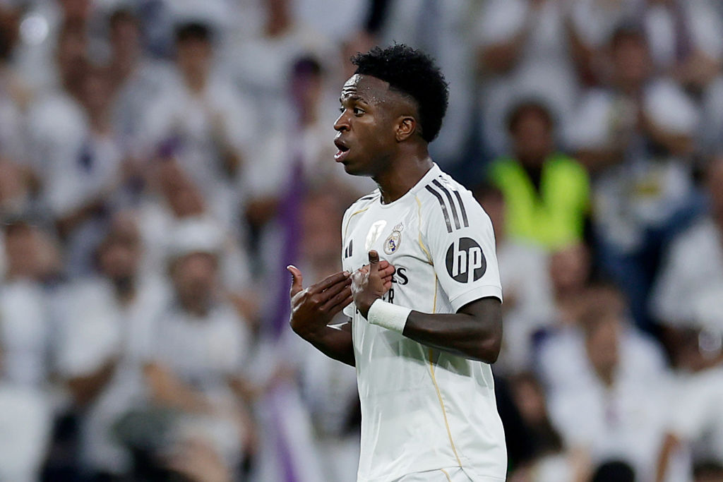 Vinicius Junior of Real Madrid reacts on his substitution during the LaLiga EA Sports match between Real Madrid v FC Barcelona at the Estadio Santiago Bernabeu on October 26, 2025 in Madrid Spain