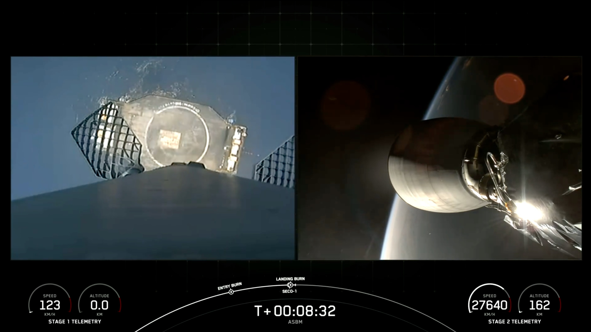 two frames side by side. at left, the view from a rocket coming down for a landing on a ship at sea. At right, a view of a rocket engine nozzle with earth in the background