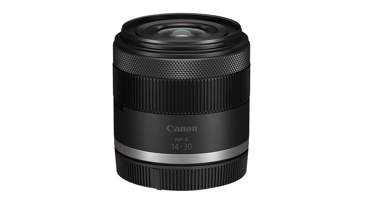 The Canon RF-S 14-30mm f/4-6.3 IS STM PZ against a white background