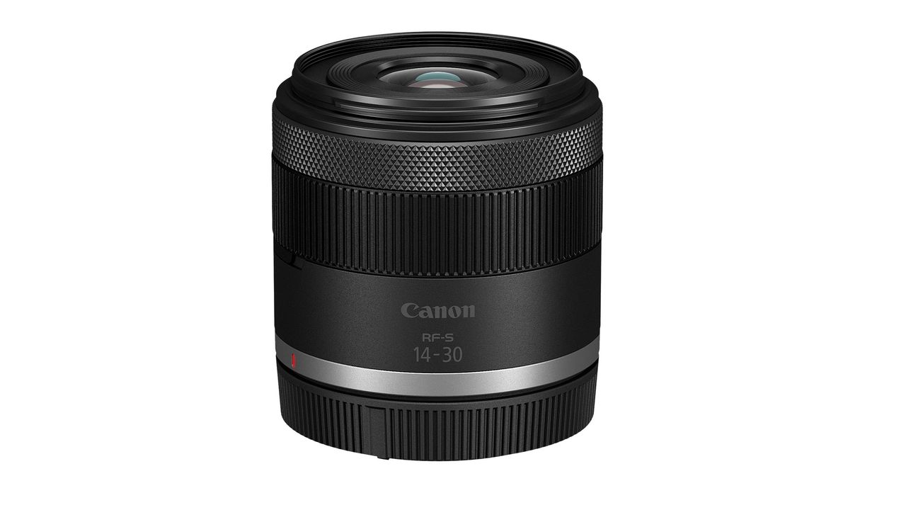 The Canon RF-S 14-30mm f/4-6.3 IS STM PZ against a white background