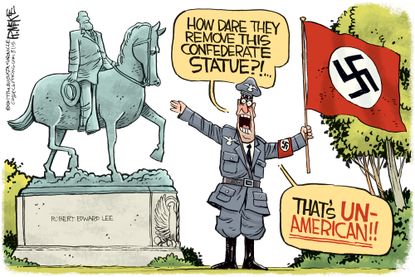 Political cartoon U.S. Charlottesville protest un-American Nazi