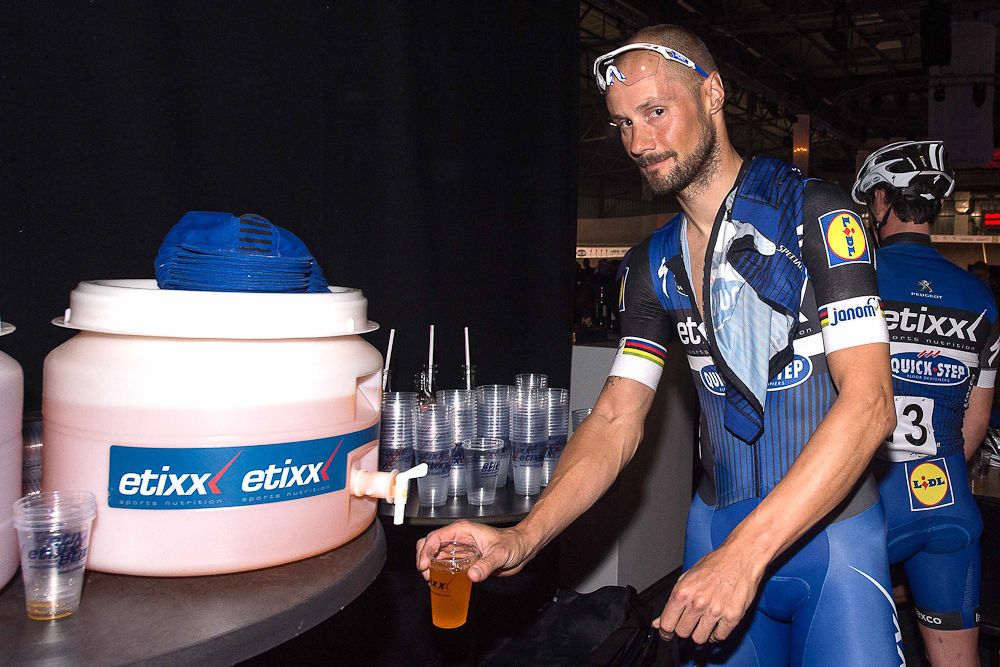 Tom Boonen hydrates at the Etixx-QuickStep team presentation