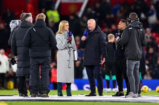 Gabby Logan presenting for Amazon Prime alongside Alan Shearer, Patrice Evra and Jimmy Floyd Hasselbaink ahead of the Premier League match between Manchester United and Chelsea FC at Old Trafford on December 6, 2023 in Manchester, United Kingdom