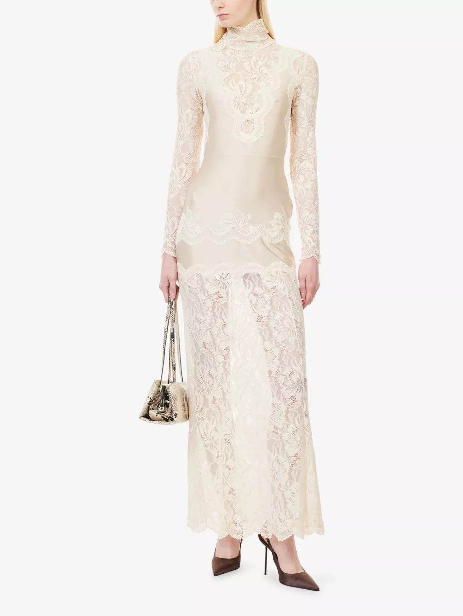 High-Neck Long-Sleeve Stretch-Lace Maxi Dress - 6