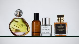 A variety of glass perfume bottles against a white backdrop