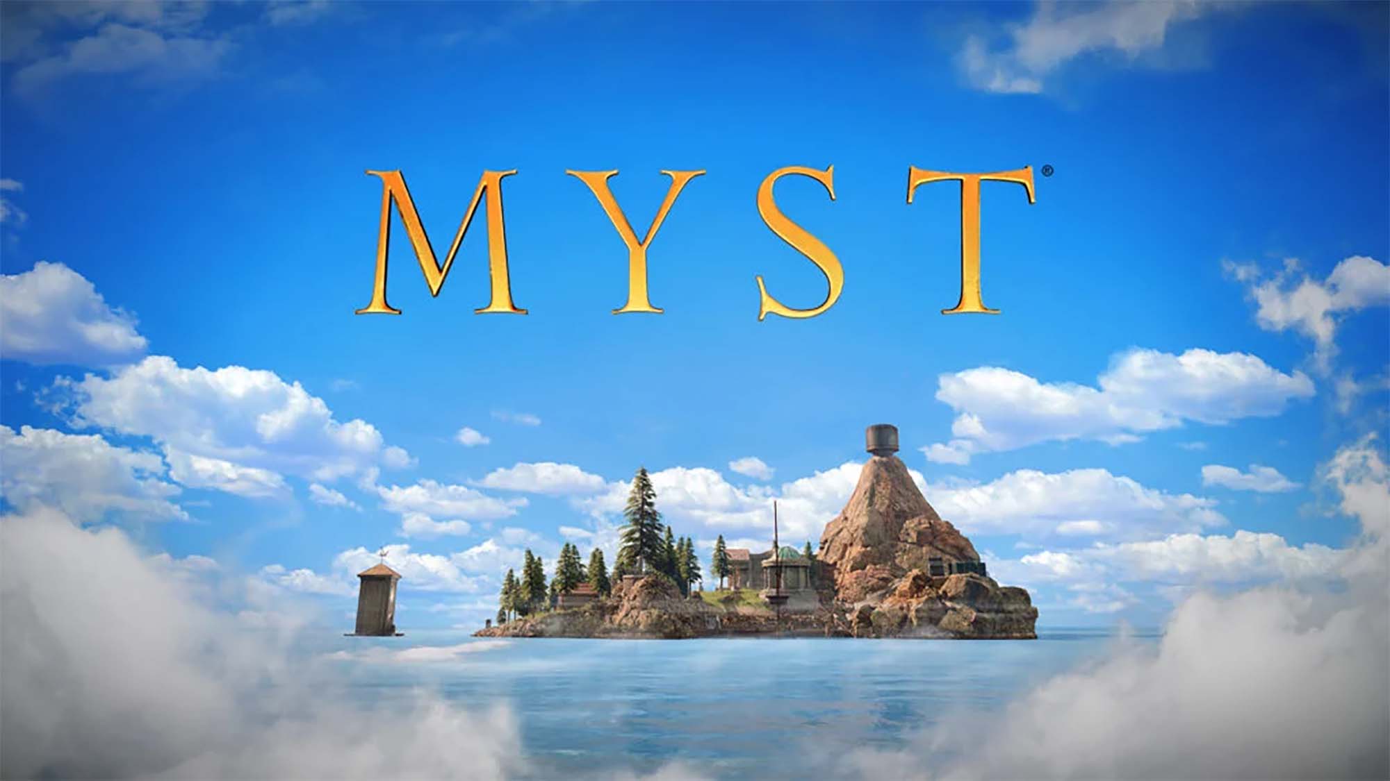 A mythical island under a blue sky with the word Myst written above it