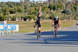 Michael Fitzgerald (Plan B) celebrates a well-timed sprint to beat Alistair Loutit (McDonagh Blake-Witness) in Saturday's 109km race.