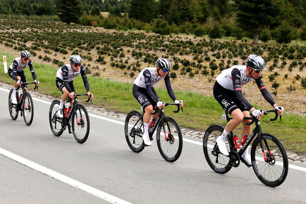 Tadej Pogačar and UAE teammates prior to his crash in the 2023 edition of Liège-Bastogne-Liège 