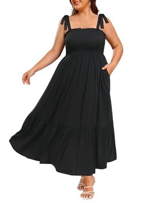 Women Plus Size Maxi Sundress Black Boho Summer Casual Pocket Spaghetti Strap Smocked Beach Vacation Tiered Long Dress