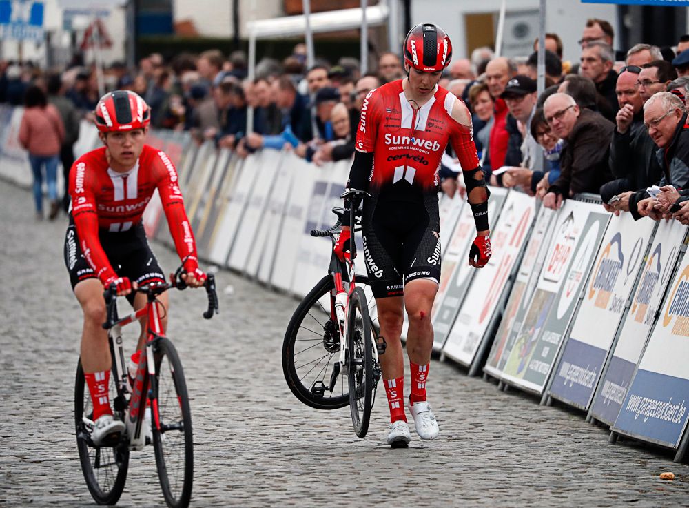Max Walscheid (Team Sunweb) walsk tot he Nokere Koerse line after a crash in the sprint
