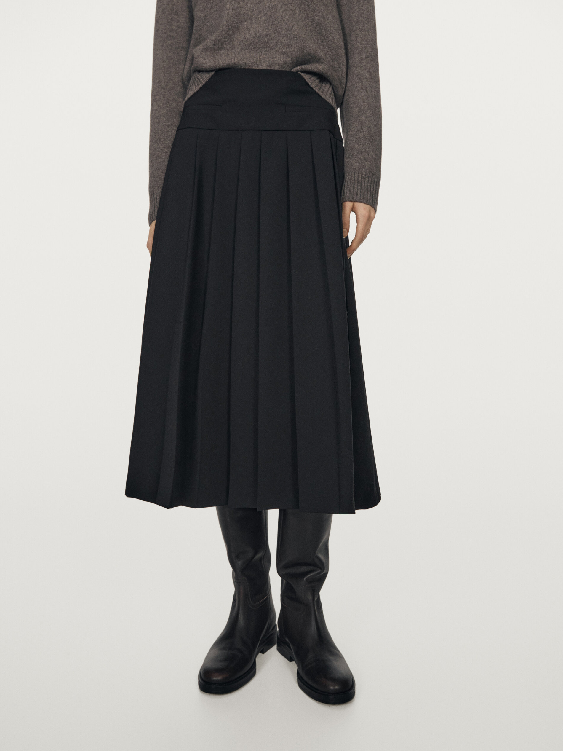 Wool Blend Box Pleat Midi Skirt