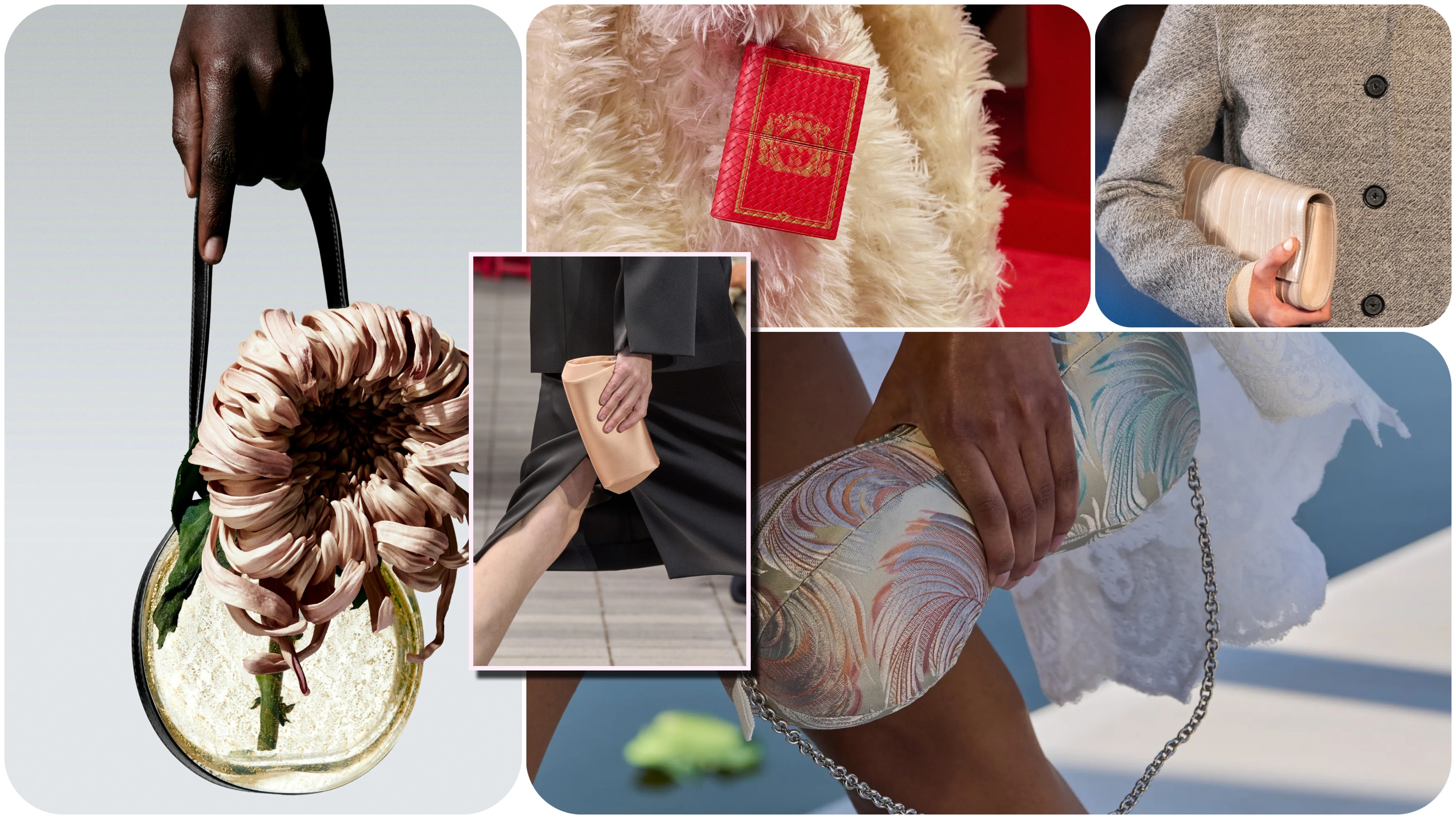 Collage of fall 2026 clutch bag trends featuring sculptural, textured, and oversized handheld bags.