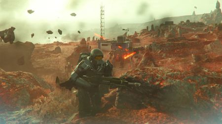 Helldivers 2 helldiver running away from automatons with Eruptor weapon equipped