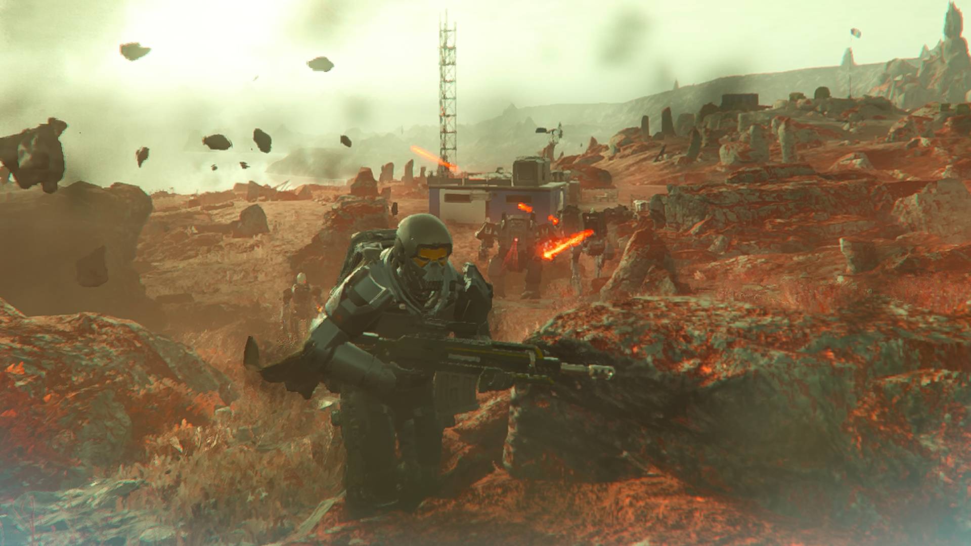 Helldivers 2 helldiver running away from automatons with Eruptor weapon equipped