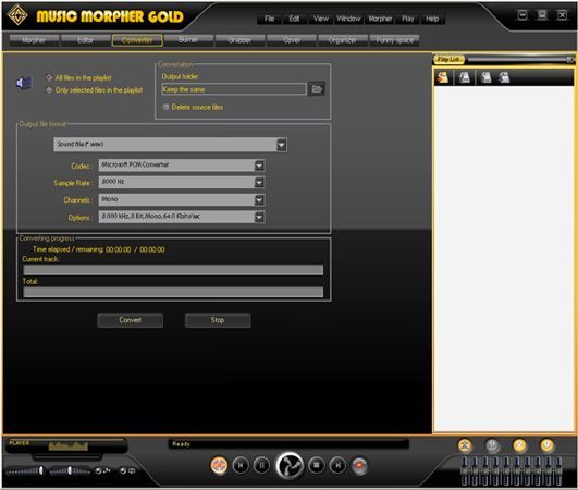 From Music Morpher Gold&rsquo;s Converter tab, you can change an audio file&rsquo;s format and other similar features.
