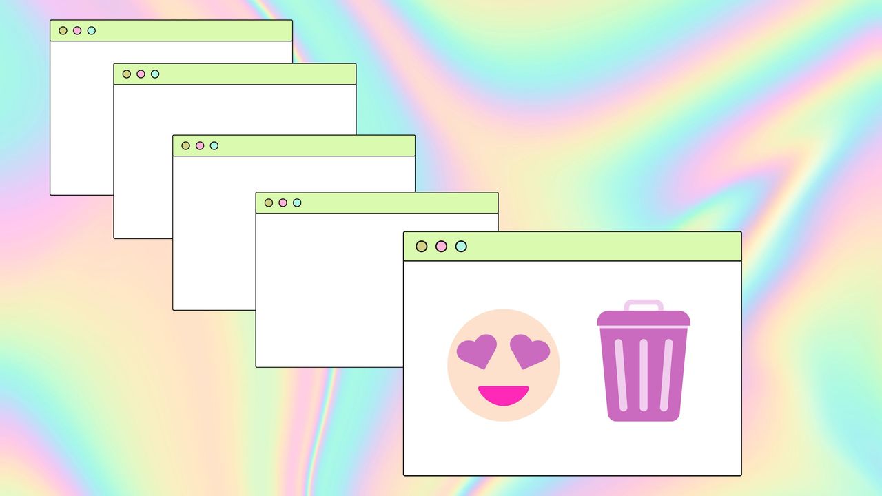 A graphic with a heart eyes emoji and trash can emoji, on a colorful background