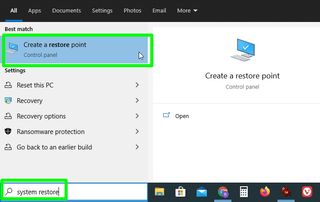 how to use system restore in Windows 10 - type system restore