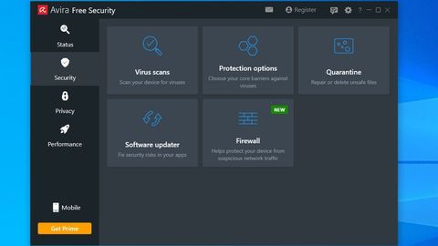 Tableau de bord des outils de sécurité de l'antivirus Avira