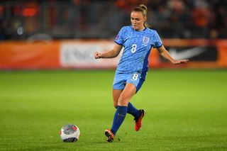 Georgia Stanway of England runs with the ball during the UEFA Women's Nations League Group A match between Netherlands and England at Stadion Galgenwaard on September 26, 2023 in Utrecht, Netherlands. (Photo by Harriet Lander - The FA/The FA via Getty Images)