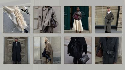 close-up shots of a cream fringe scarf, brown bowling bag, cream pleated skirt, khaki boxy wool coat, black boxy wool coat, black slouchy boots, black fringe scarf and grey boxy wool coat