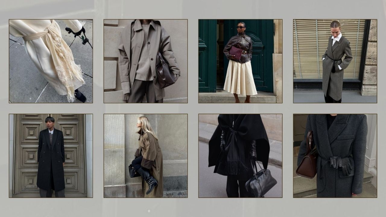 close-up shots of a cream fringe scarf, brown bowling bag, cream pleated skirt, khaki boxy wool coat, black boxy wool coat, black slouchy boots, black fringe scarf and grey boxy wool coat