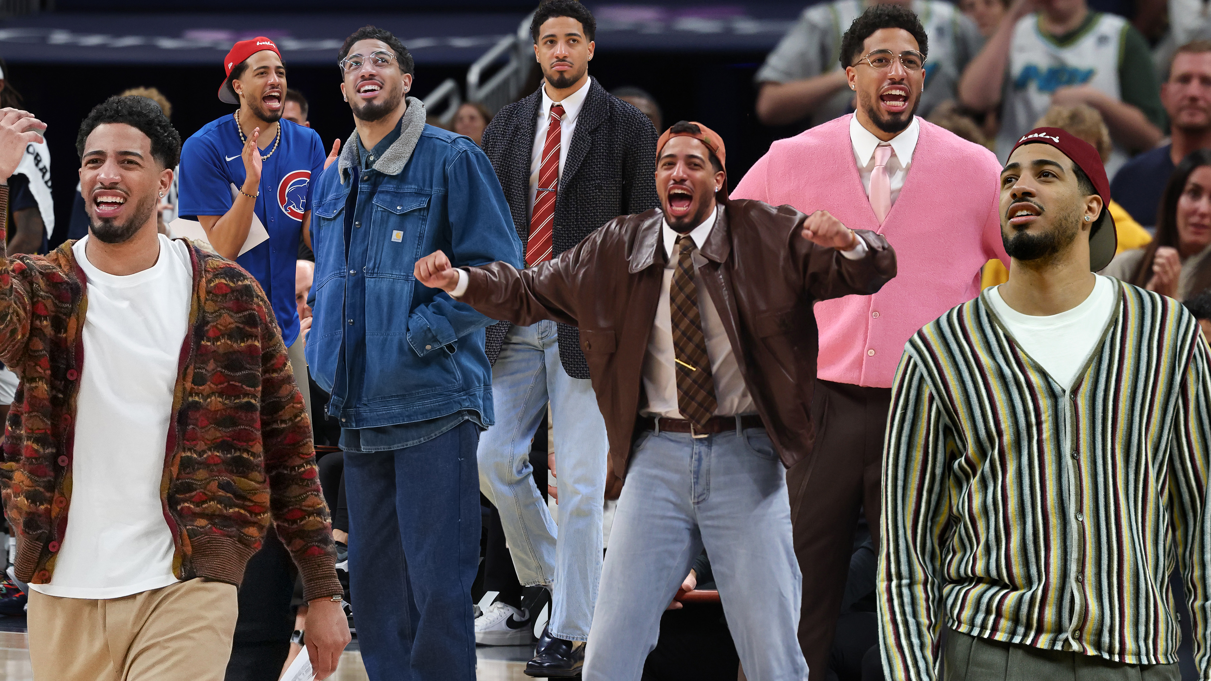 A collage featuring Indiana Pacers point guard Tyrese Haliburton's sideline outfits during the 2025-26 NBA season.