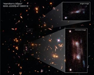 This Hubble Space Telescope snapshot shows three magnified images of a distant galaxy embedded in a cluster of galaxies. These images are produced by a trick of nature called gravitational lensing. The galaxy cluster's immense gravity magnifies and distorts the light from the distant galaxy behind it, creating the multiple images. Two of the magnified images, shown in the pull-out at bottom right, are exact copies of each other. The two bright ovals are the cores of the galaxy. This rare phenomenon occurs because the background galaxy straddles a ripple in the fabric of space. This “ripple” is an area of greatest magnification, caused by the gravity of dense amounts of dark matter.