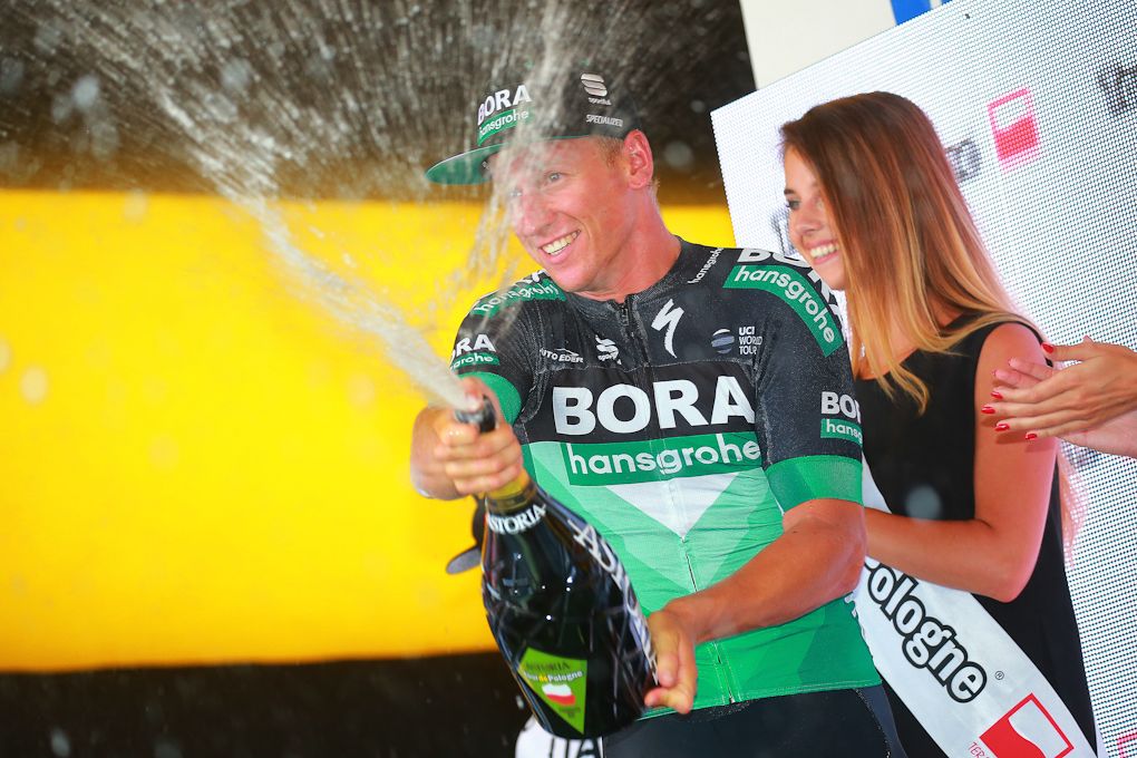 Pascal Ackermann celebrates winning stage 1 in Poland