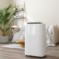 Close-up of portable AC in living room.
