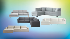 a collage of sectional sofas on a colorful background