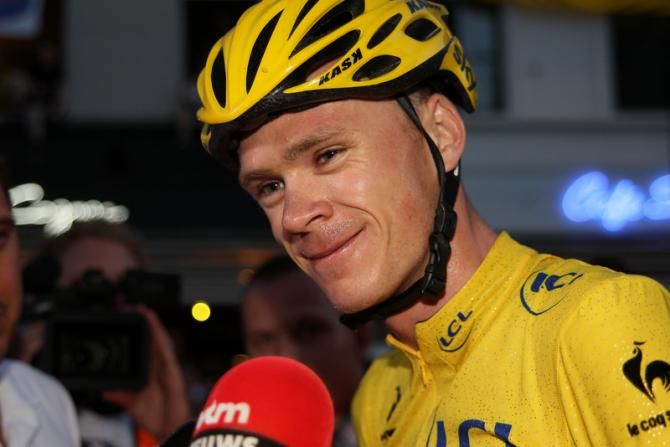 Chris Froome (Sky) is interviewed following his win in the Aalst Criterium