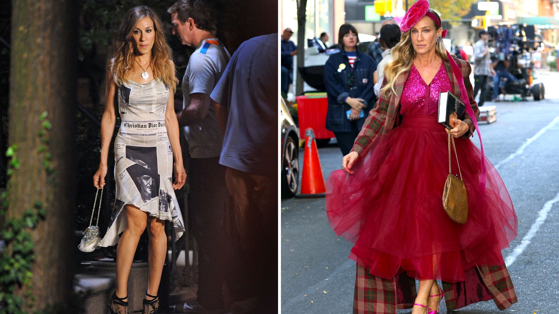L-Sarah Jessica Parker as Carrie Bradshaw in Sex and the City, R-SJP in And Just Like That