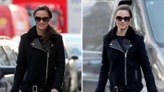 Composite of two pictures of Pippa Middleton wearing a black aviator jacket and indigo skinny jeans as she walks in London in December 2012