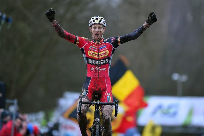 Klaas Vantornaout celebrates his win.