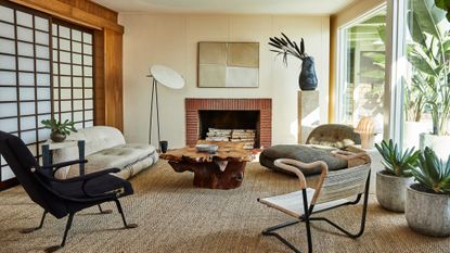living room with mid century style furniture and warm natural tones