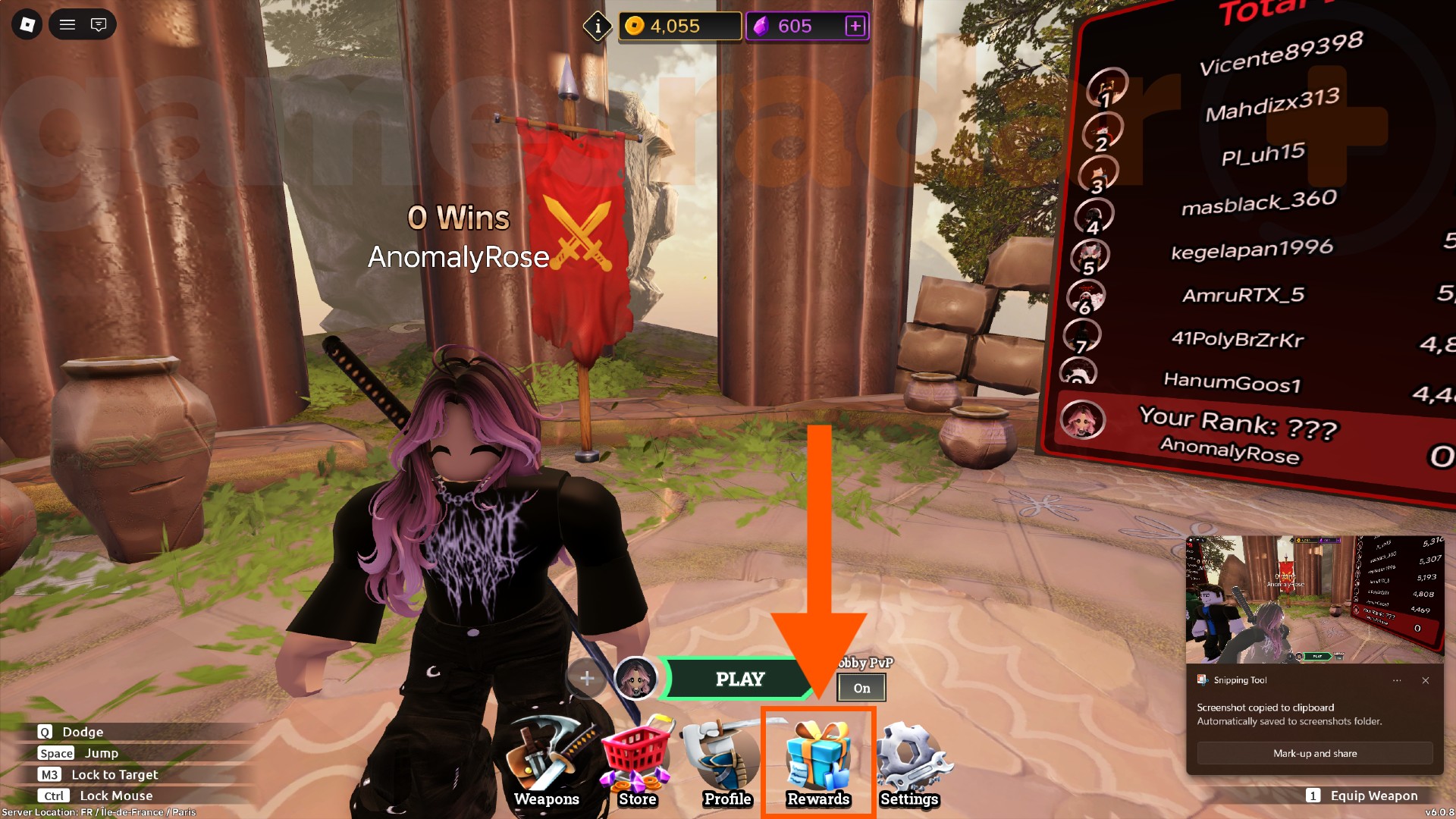 An orange arrow points to the Rewards menu where you can redeem Dueling Grounds codes.
