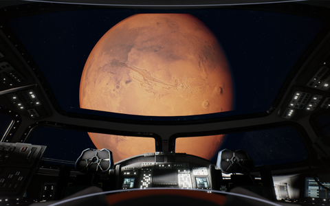 A view of Mars from a spaceship cockpit, in Deliver Us Mars.