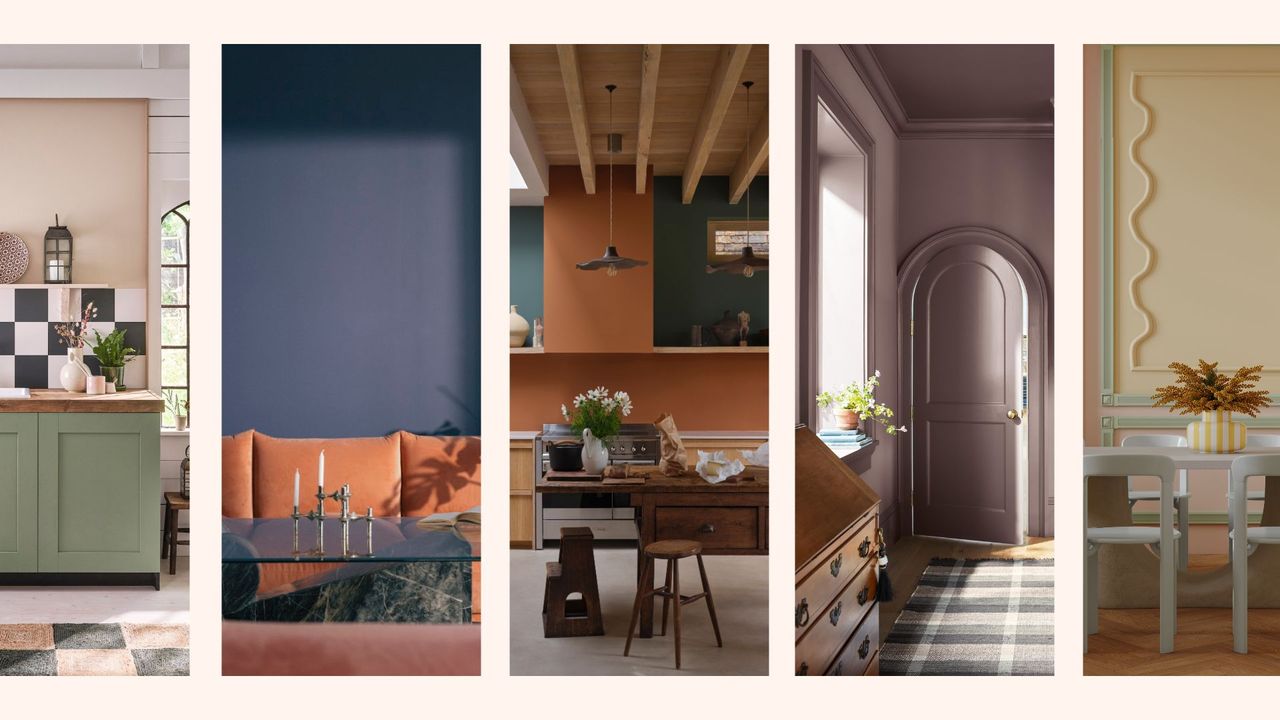 composite of the various interior paint colour trends 2025 in lifestyle images