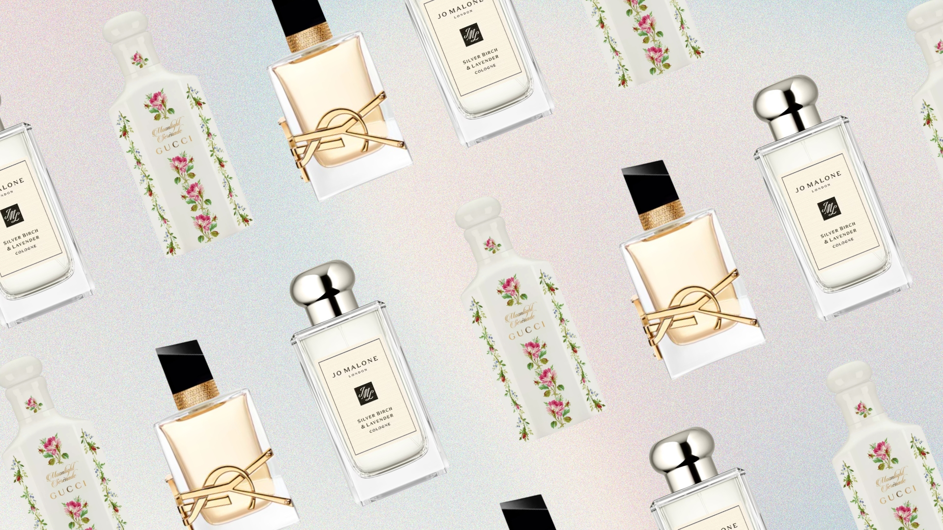 A collage of some of the best lavender perfumes features on this guide, from Jo Malone, Gucci and YSL, featured in a diagonal, alternating pattern on a pink, blue, purple and yellow gradient template