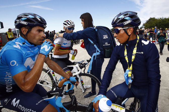 Movistar teammates Nairo Quintana, Mikel Landa and Alejandro Valverde after stage 7 to La Planche des Belles Filles at the 2019 Tour de France