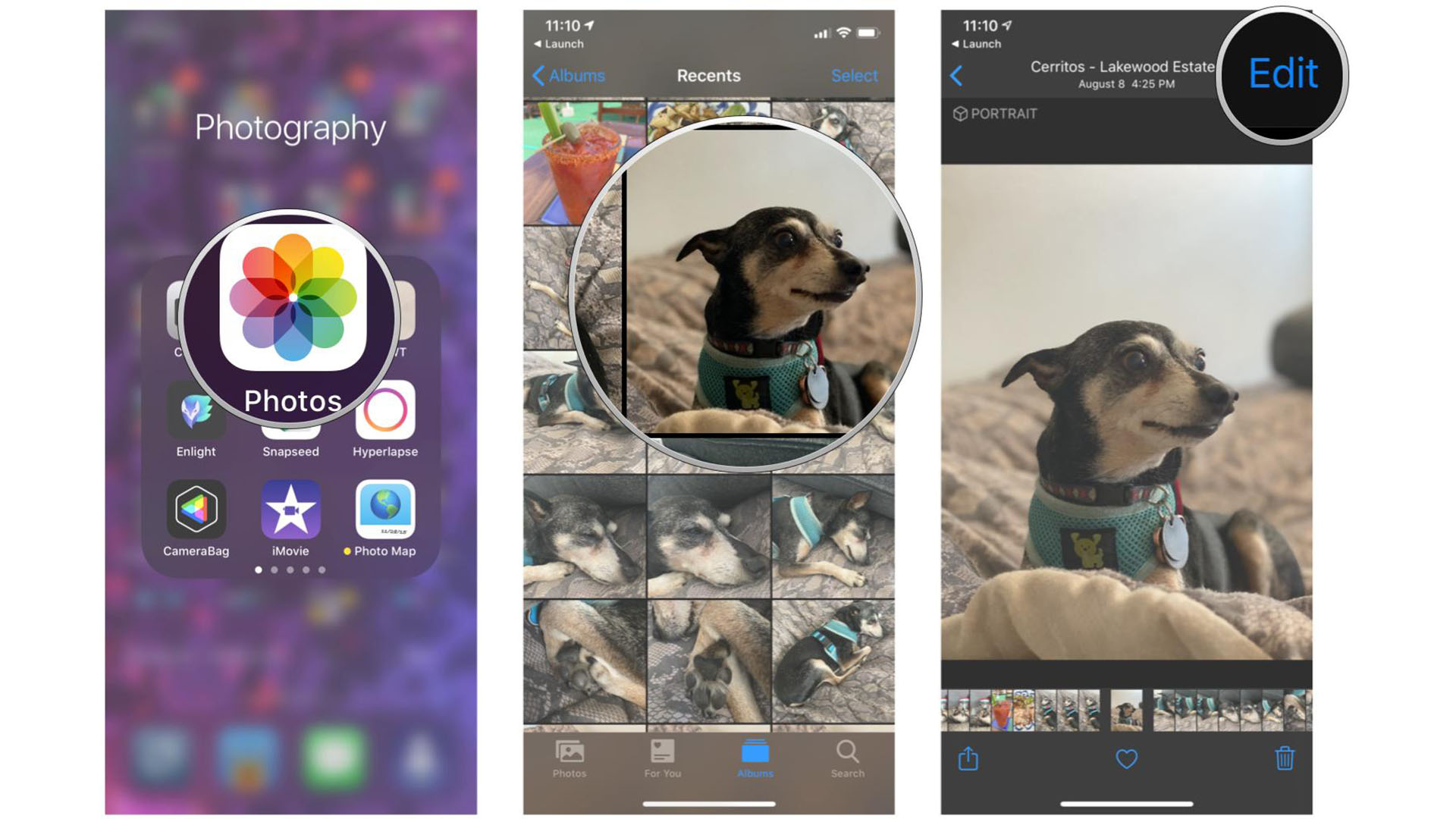 Screenshots of the iPhone photo editing process.