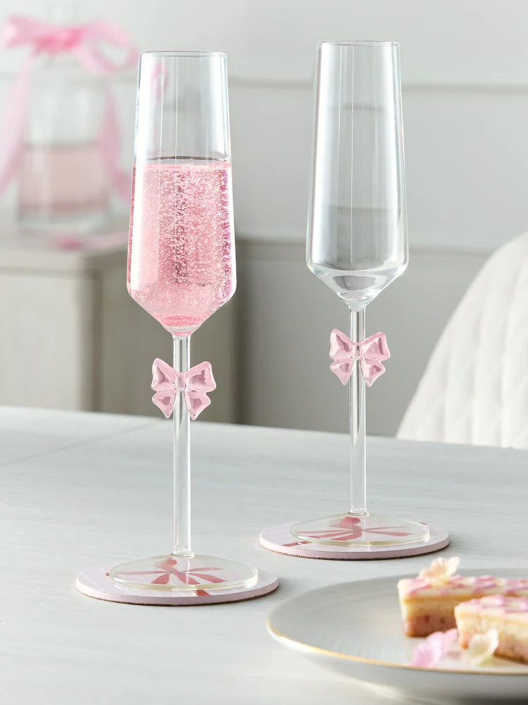 Next, Set of 2 Pink Bow Stem Champagne Flutes