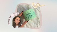 Image of hand holding the green Amika The Kure Hair Mask on white bedding, on a pastel watercolour background with cream swatch, pink tried and tested banner and a circular photo of Sennen Prickett