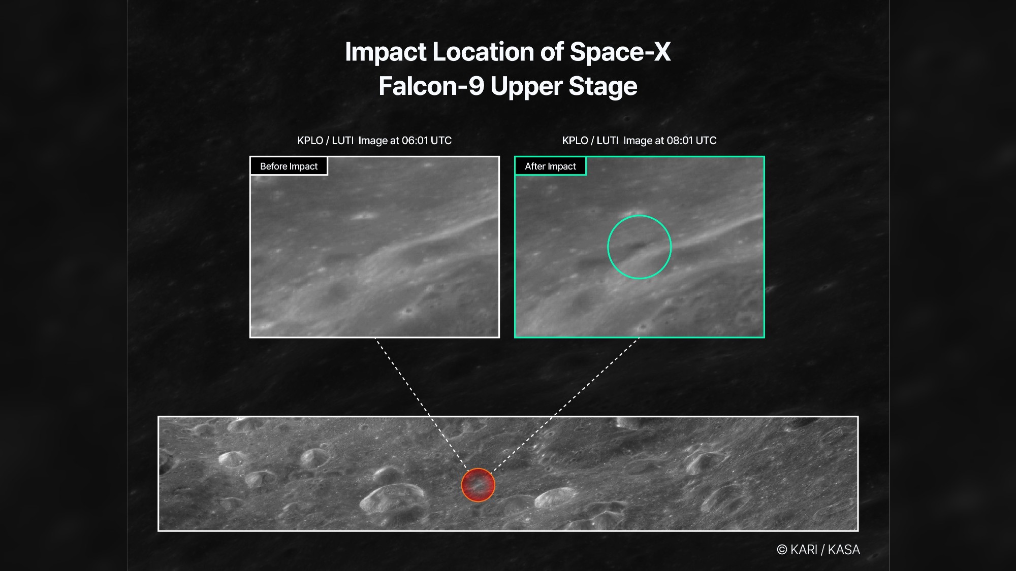 SpaceX rocket’s impact crater on the moon spied by Korean lunar orbiter (photos) SpaceX rocket’s impact crater on the moon spied by Korean lunar orbiter (photos)