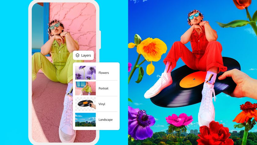 Photoshop on iPhone; A vibrant digital collage features a person seated on a vinyl record, which is suspended in mid-air amidst a colorful array of flowers and a partly visible cityscape.