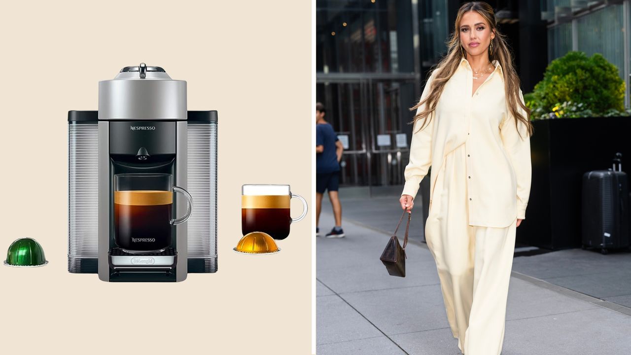 A collage made up of two images; Jessica Alba walking in street in beige ensemble (right) and Jessica Alba&#039;s Nespresso Vertuo on beige background (left))