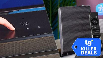 the jbl bar 1300xmk2 and the samsung q990h soundbars with subwoofers and rear speakers and a tom's guide black friday badge