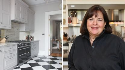 White kitchen with range cooker and diamond tile floor, next to a shot of Ina Garten wearing a black shirt 